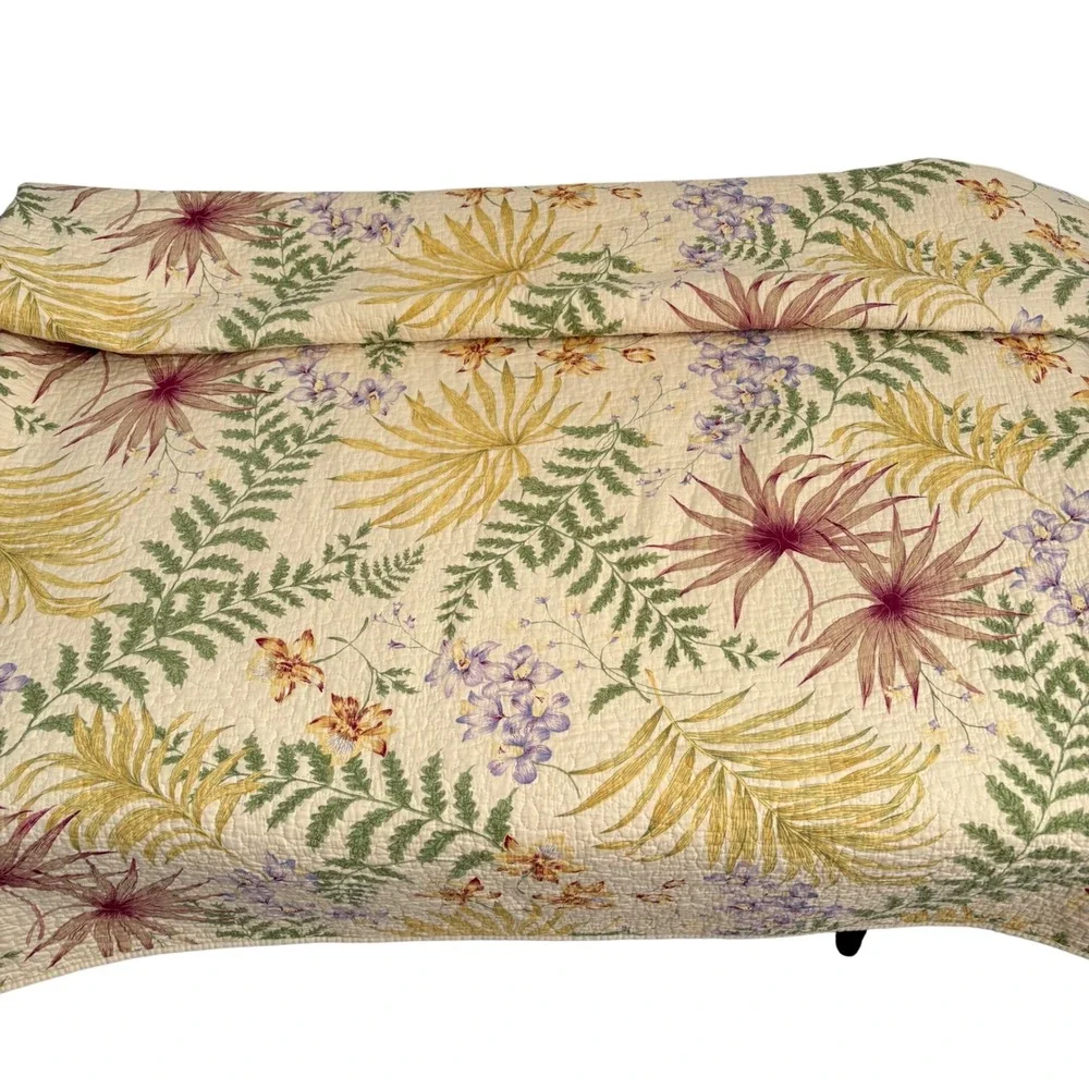 Tropical Floral Quilted Bedspread Orchid Fern Palm Leaf Reversible Queen 90x86